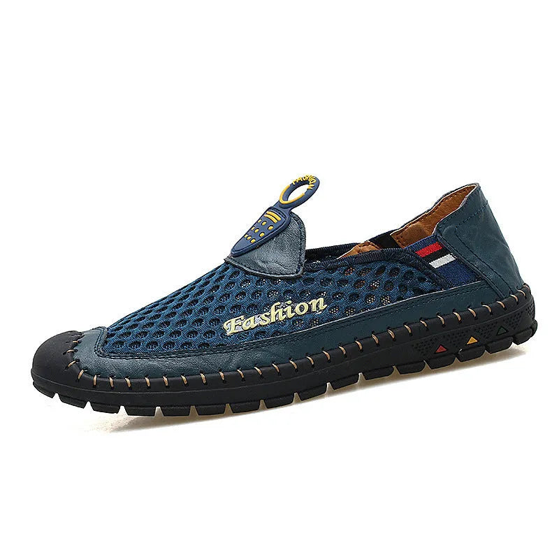 Men's brown casual mesh shoes with round toe and non-slip rubber sole.