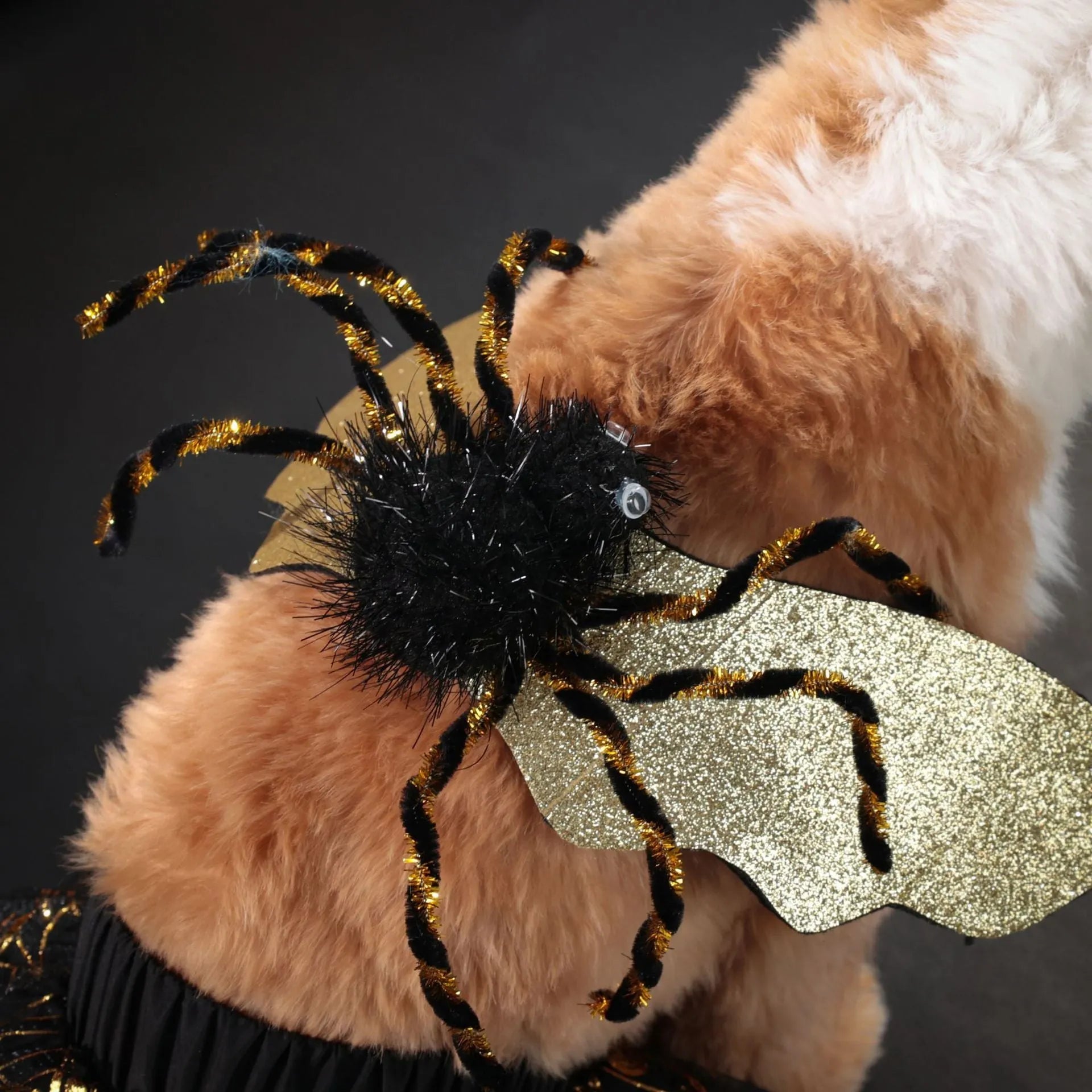 A dog wearing a full-body polyester suit costume for Halloween, available in sizes S, M, L, and XL.