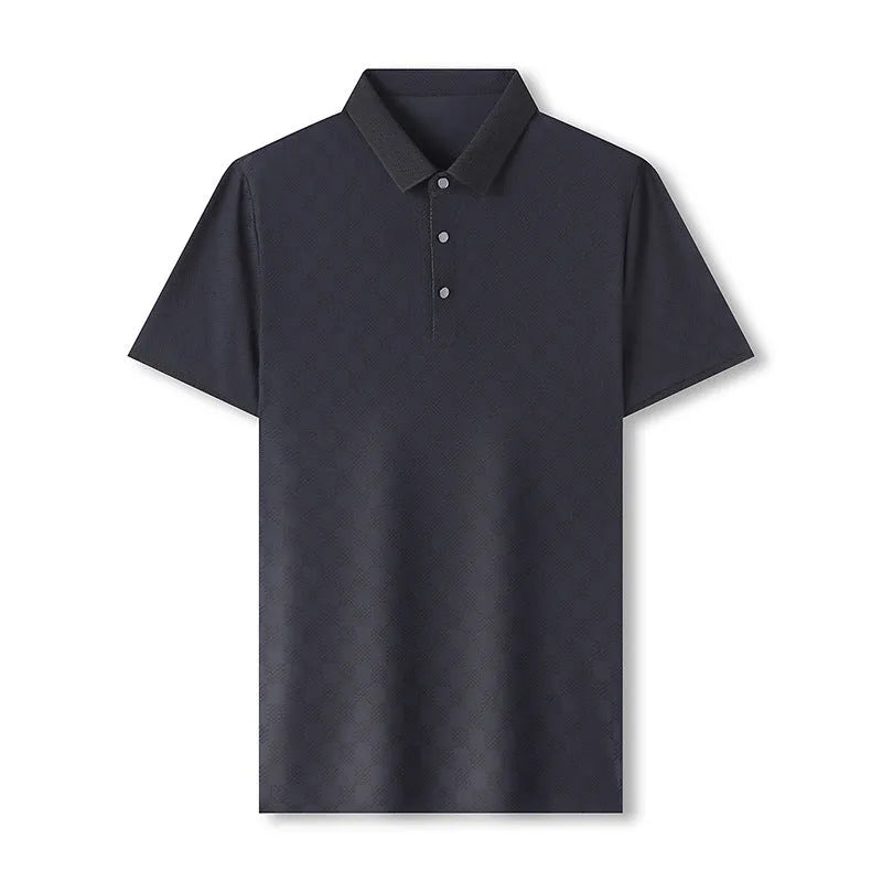 Man wearing a black rhombus-patterned short sleeve T-shirt with a slit detail.