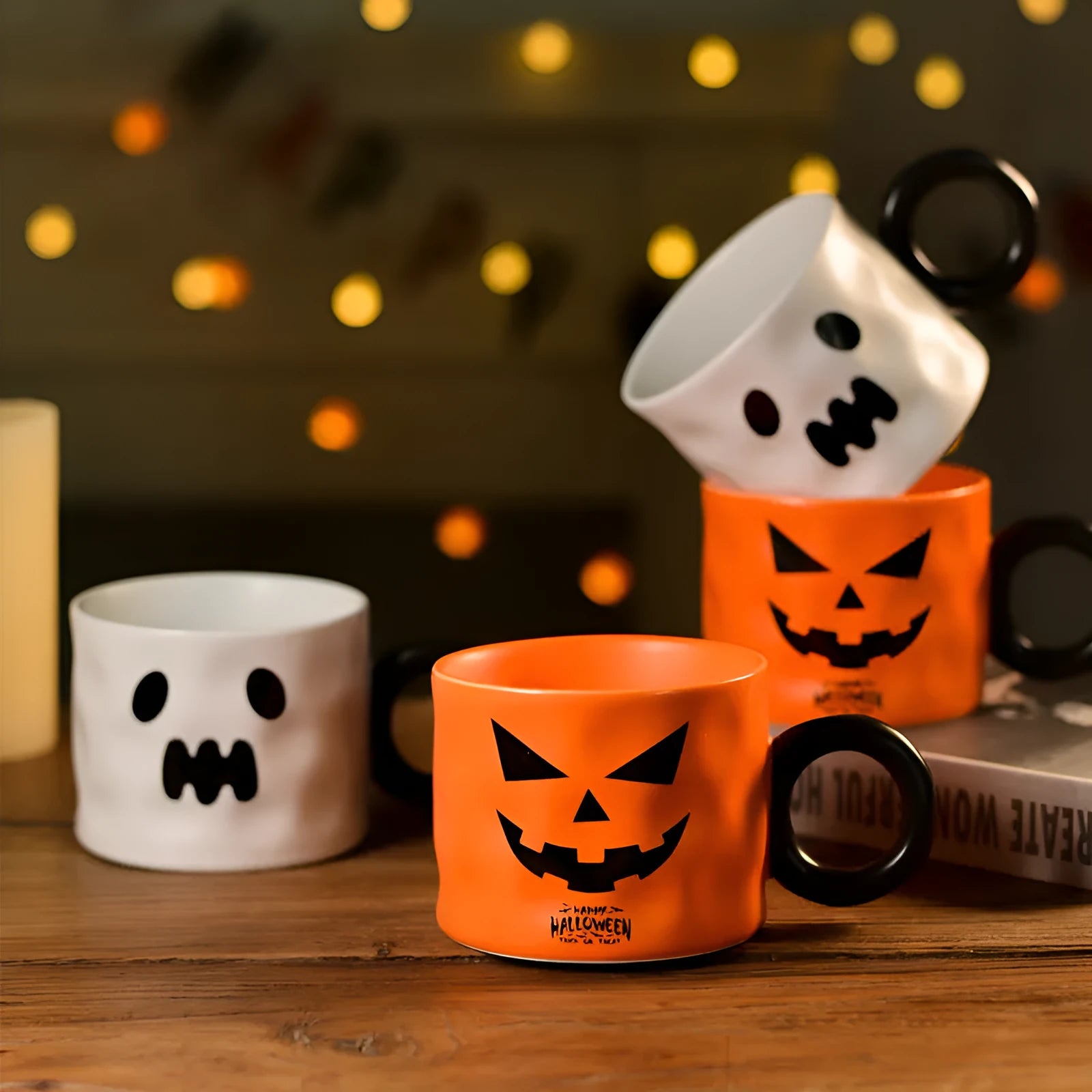 Halloween pumpkin ceramic mug 15cm with handle and spoon in orange or white colours