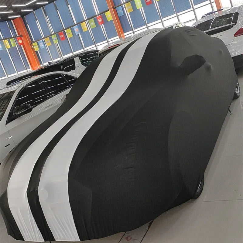 Elastic fabric car cover fitted on Ford Mustang available in six colour options