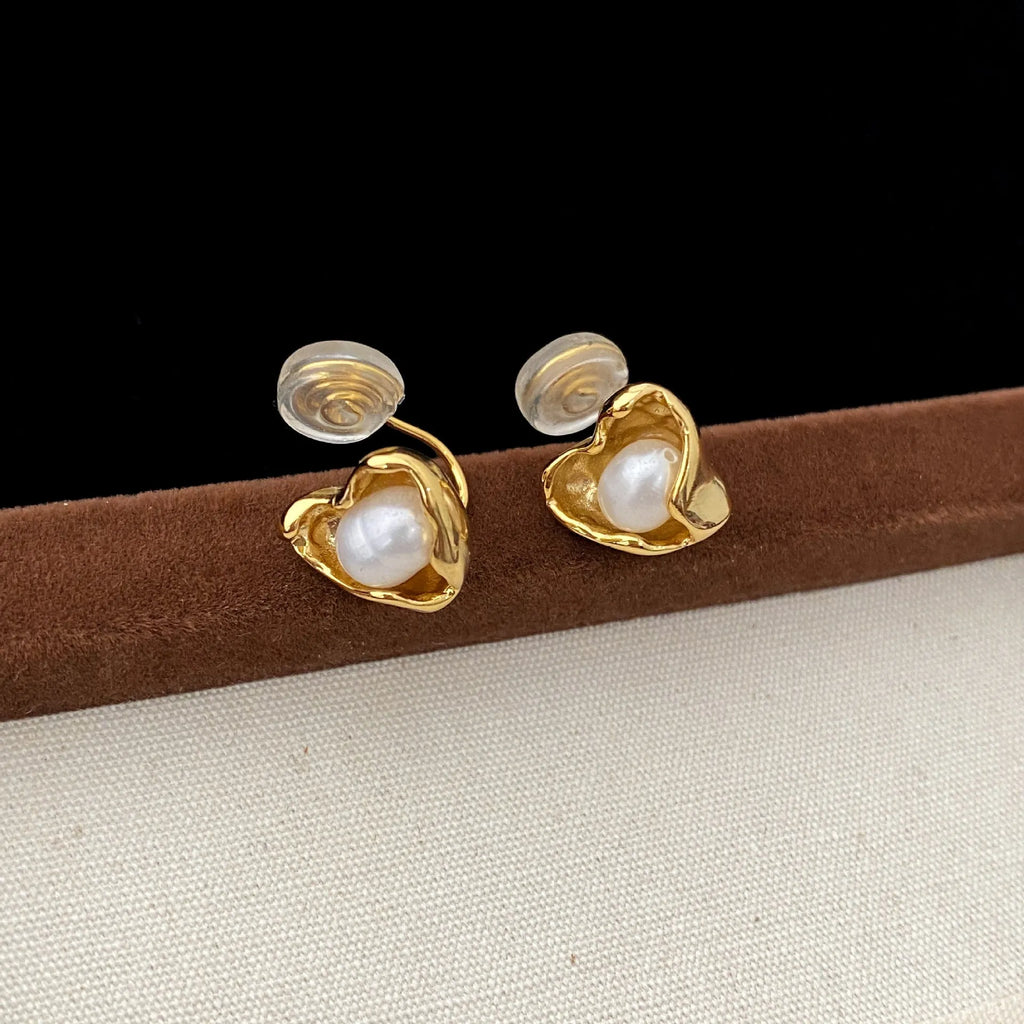 Copper heart-shaped irregular pearl earrings women choice ear clips ear studs electroplated finish
