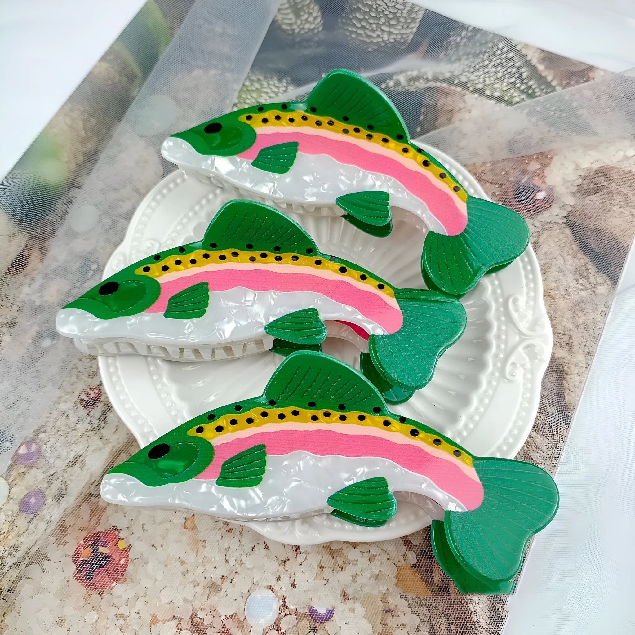 Dark green PVC hair clip with printed rainbow trout marine design and carp elements