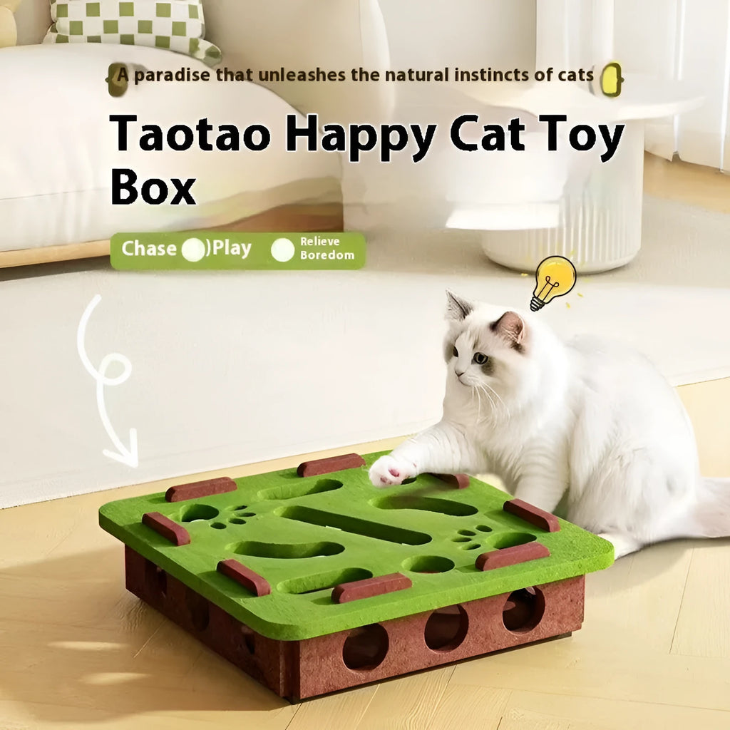 Green brown felt box cat toy with a hole, shown next to a grey and a camel white version, dimensions 30x30x7.5 cm.