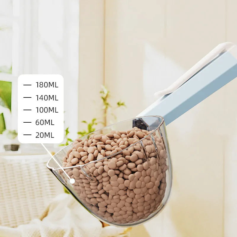 Pet food spoon with clip attached to dog food bag showing blue colour option