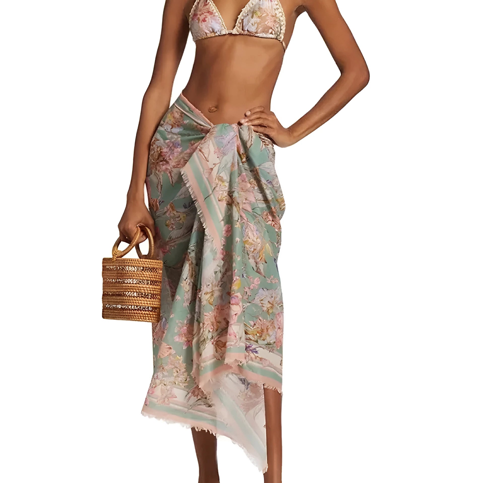 Creamy white floral print women's bikini set with attached skirt, showing top, briefs, and skirt components