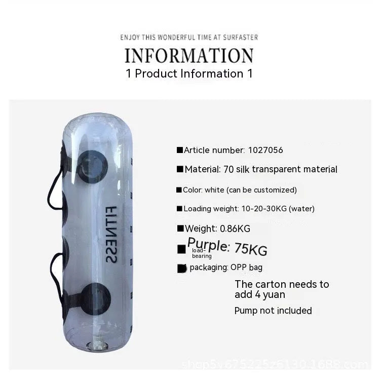 Transparent PVC water injection weight lifting bag showing adjustable water fill for strength training