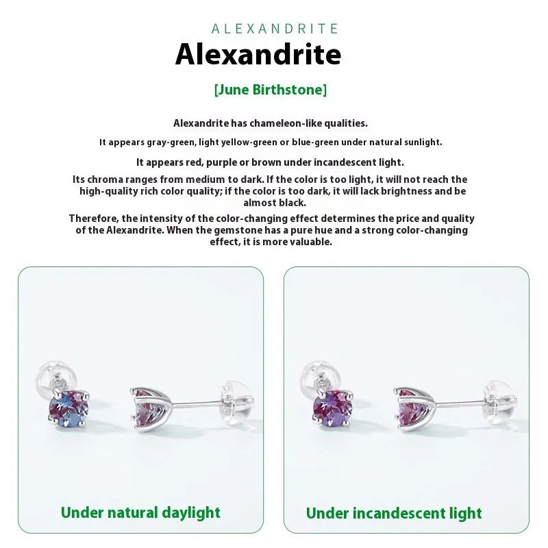A pair of simple geometric 925 silver ear studs with round cultivated alexandrite stones.