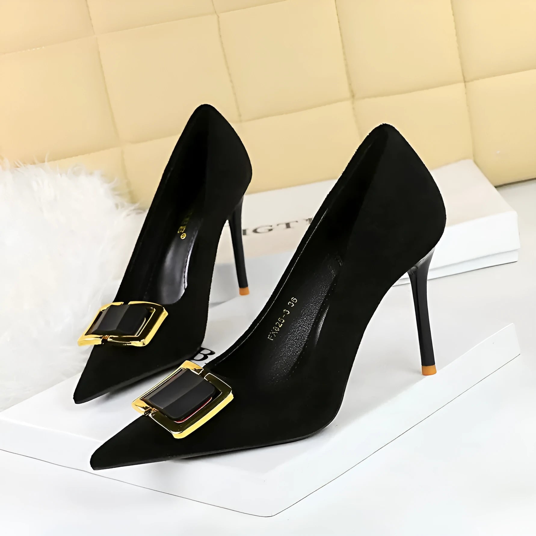 Black suede women's stiletto heels with a 9cm high heel and open toe design.