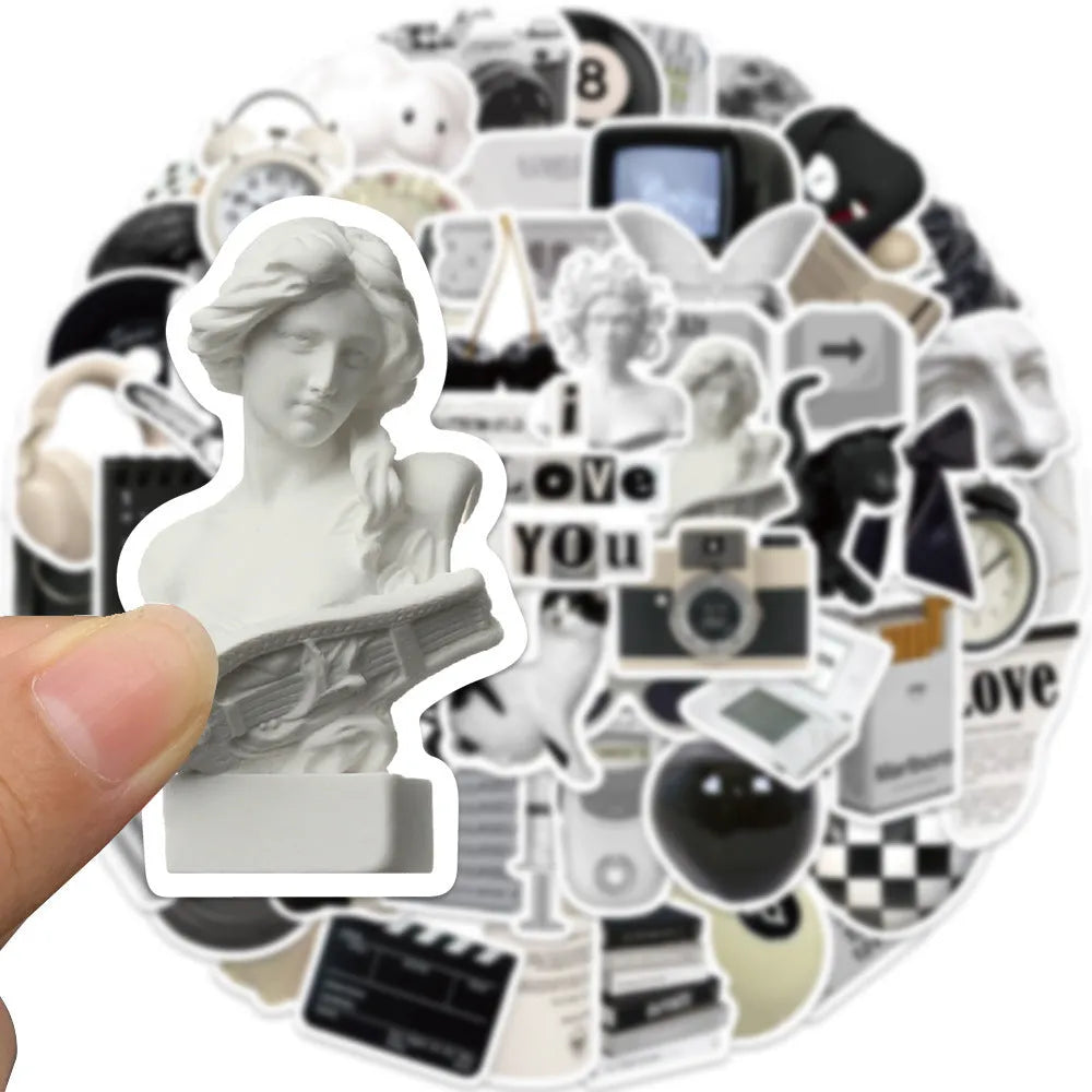 61-piece pack of black and white simple design waterproof PVC stickers for laptops and cups.
