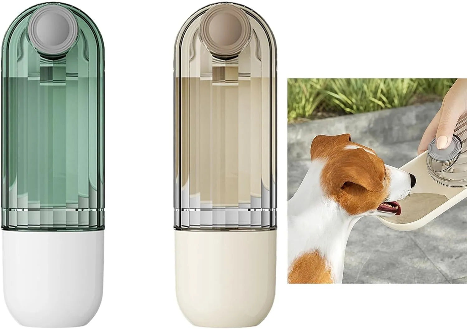 Beige collapsible dog water bottle with food container at base, showing press dispenser and tray.