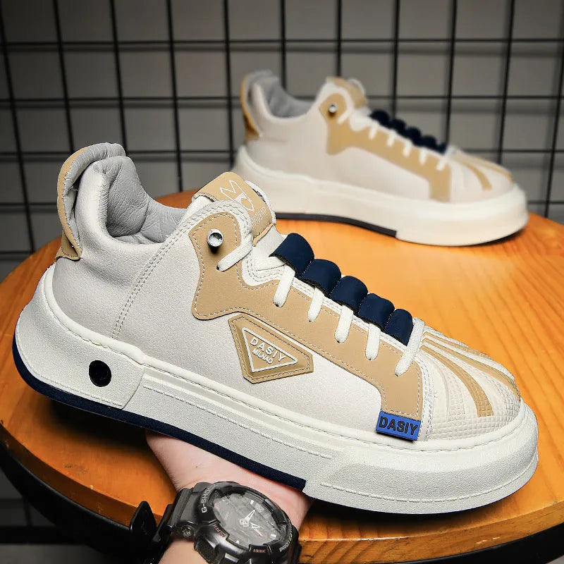 Men's beige low-top casual sneakers with elastic band and round toe on a white background.