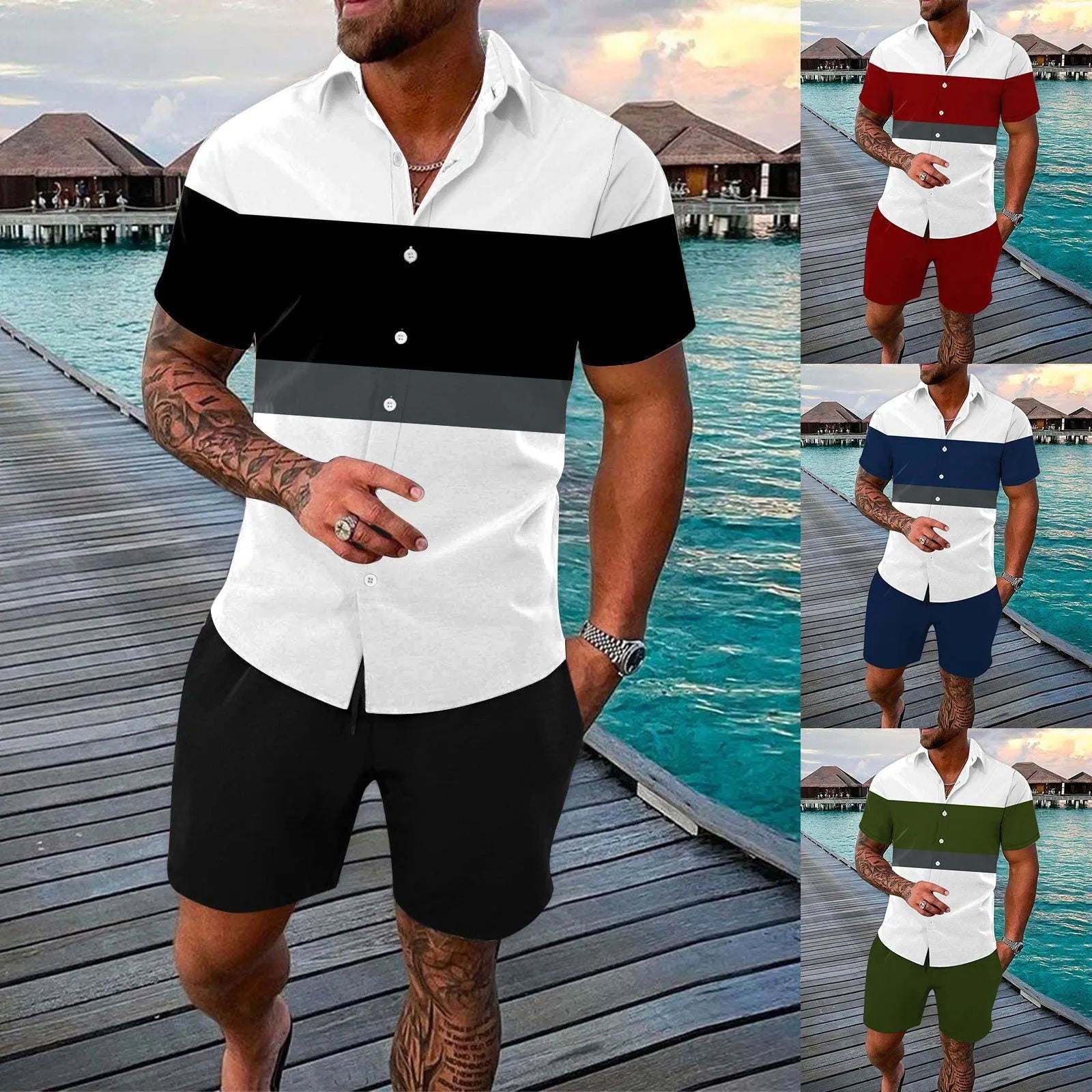 Men's summer cardigan shirt outfit with printed pattern and matching pants on a plain background