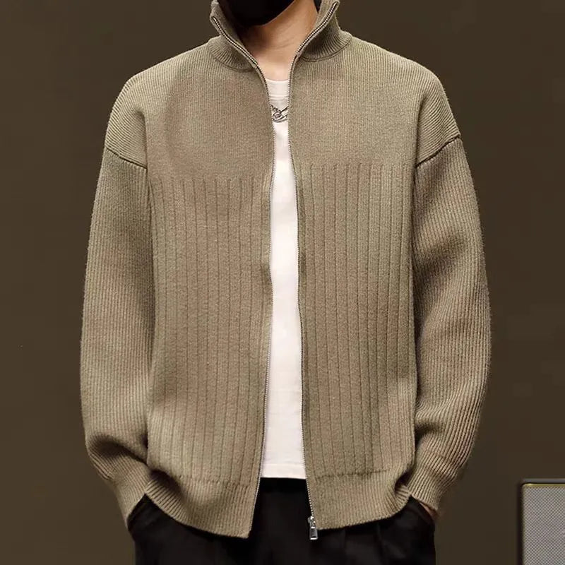 Men's striped cardigan sweater in gray with loose fit, long sleeves, and button front