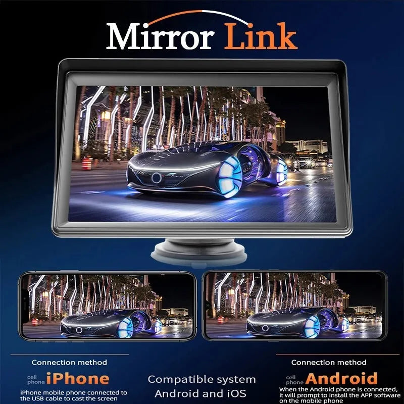 7-inch car dashboard display screen with wireless CarPlay support and HD resolution