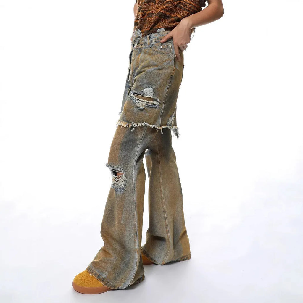 Loose hole bootcut denim pants with high waist and button fly in straight-leg style