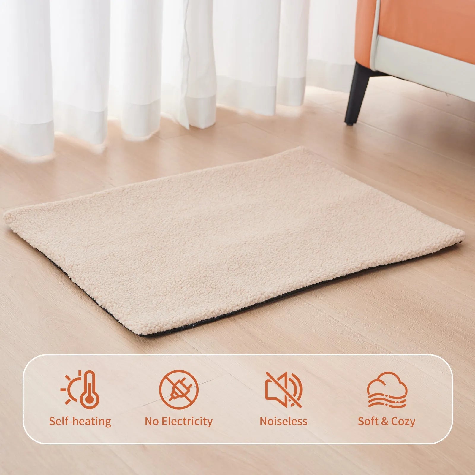 Grey self-heating pet pad for cats on floor next to measuring tape showing 95cm length