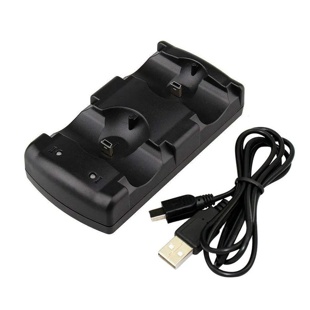 Black PS3 two-in-one wireless charging base for original PlayStation 3 controllers with USB connection