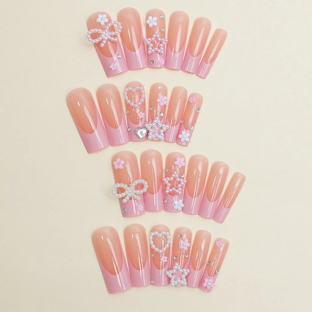 Super long water pipe false nails with love pattern, French spots, and bow drill decorations in colour XB-70-48.