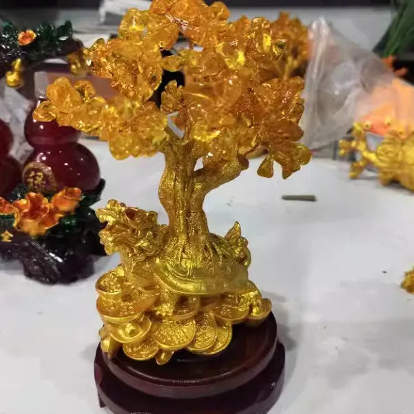 Citrine-coloured resin Feng Shui money tree ornament with small water turtle design