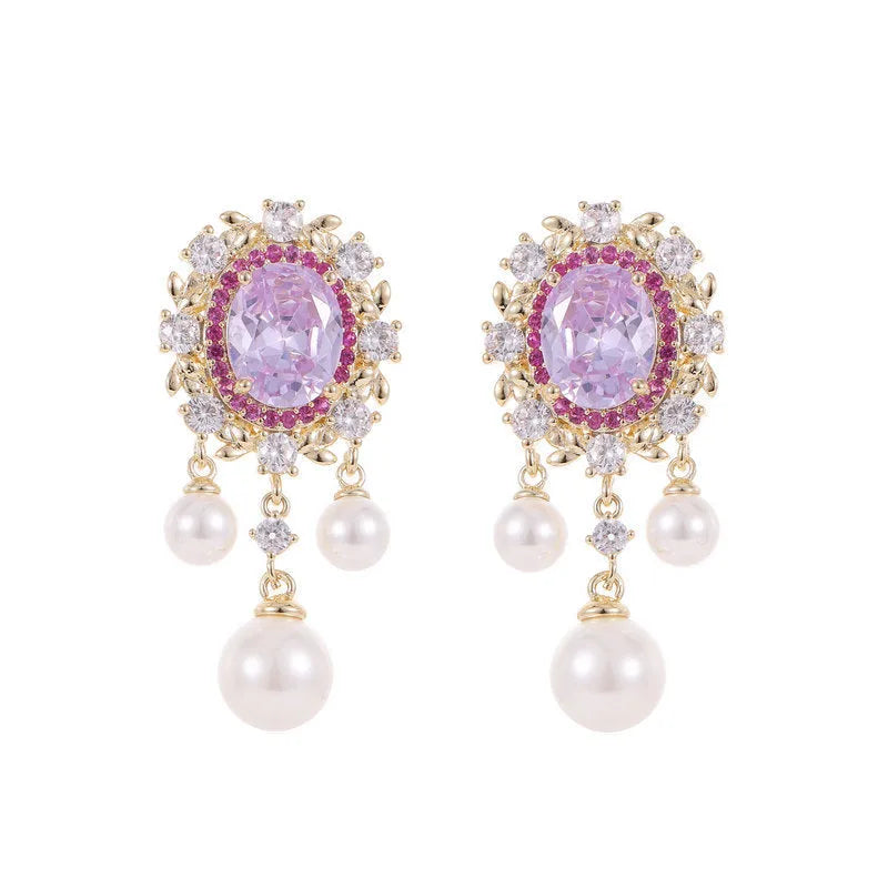 Oval geometric copper earrings with zircon inlay and pearl tassel in pink, blue, purple and white colours