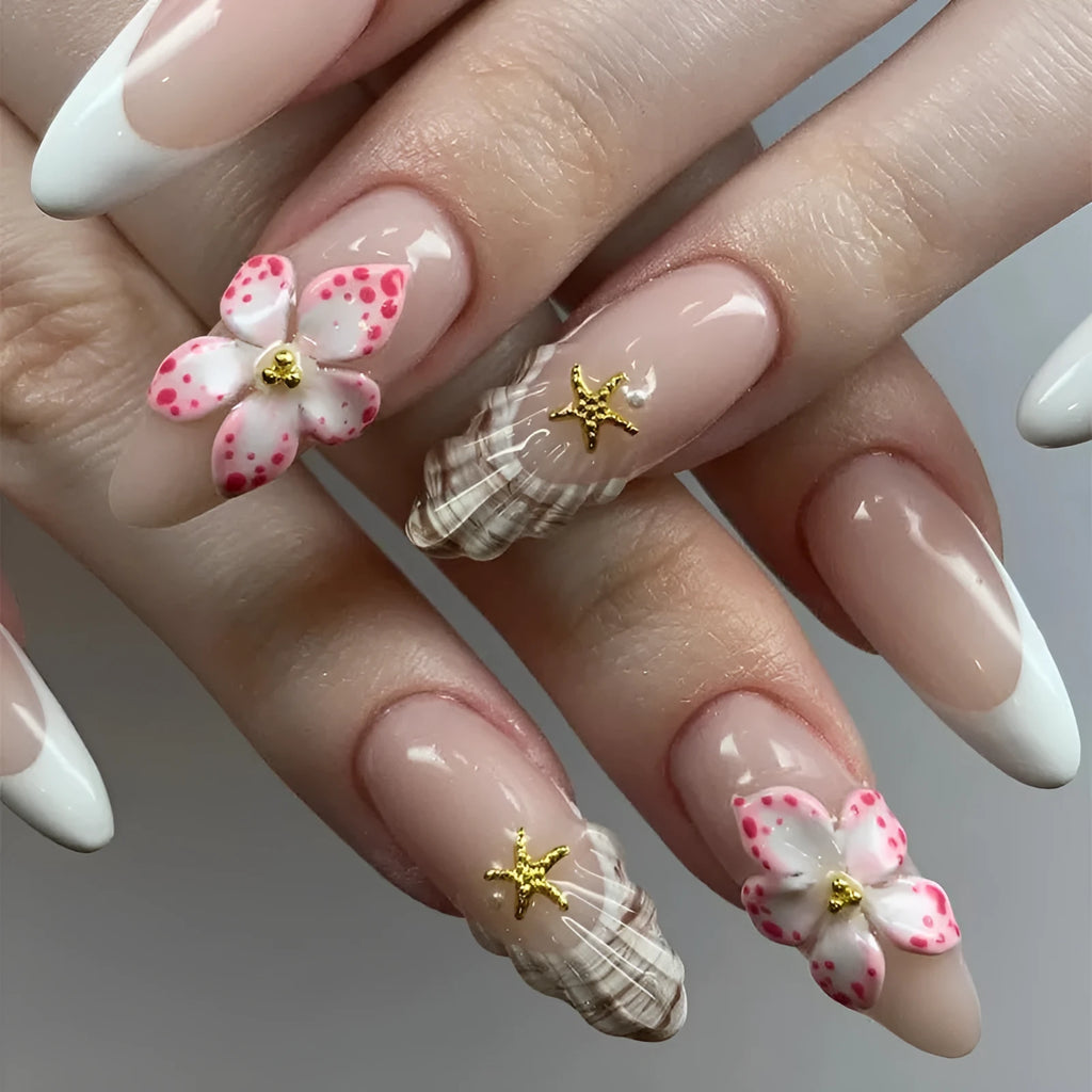 French style fake nails with rock pattern patch in simple flower W1764 colour