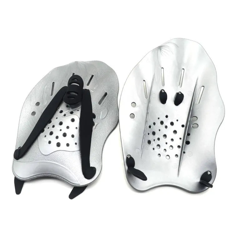 A pair of swim training hand paddles for freestyle stroke, shown in one of eight colour options including dark blue with yellow.