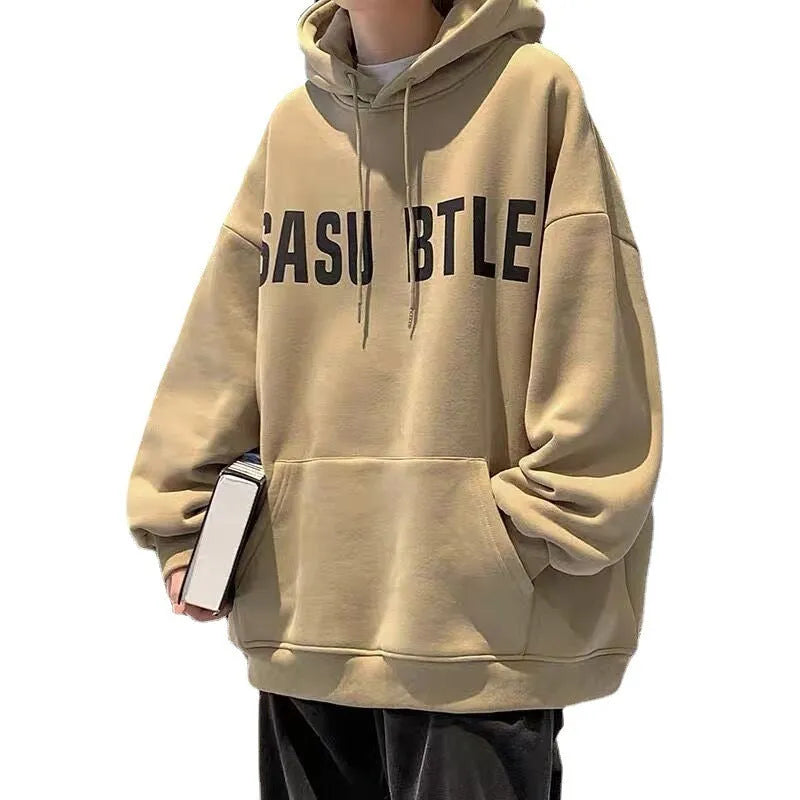 Men's loose fit hooded sweater in khaki, polyester, long sleeves, topstitching pocket