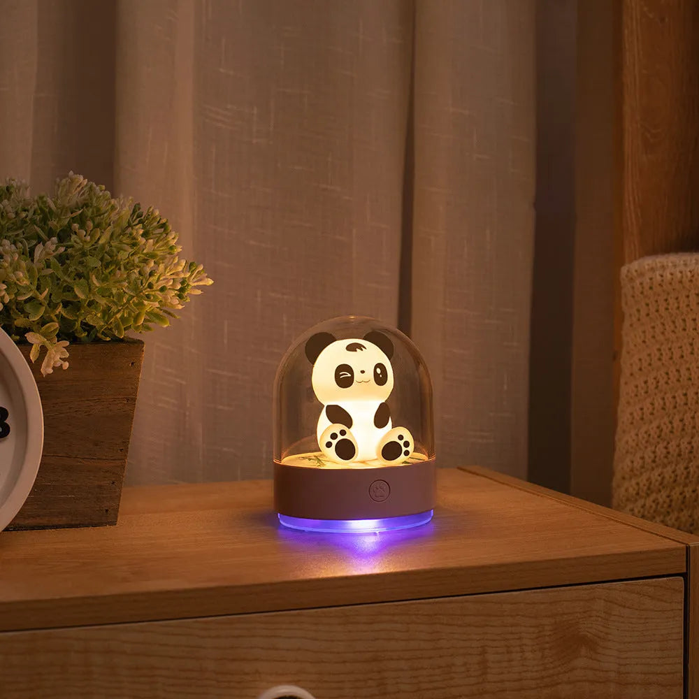 3D panda car bedside night light with USB charging, four colour LEDs, and aromatherapy cotton in pink and white