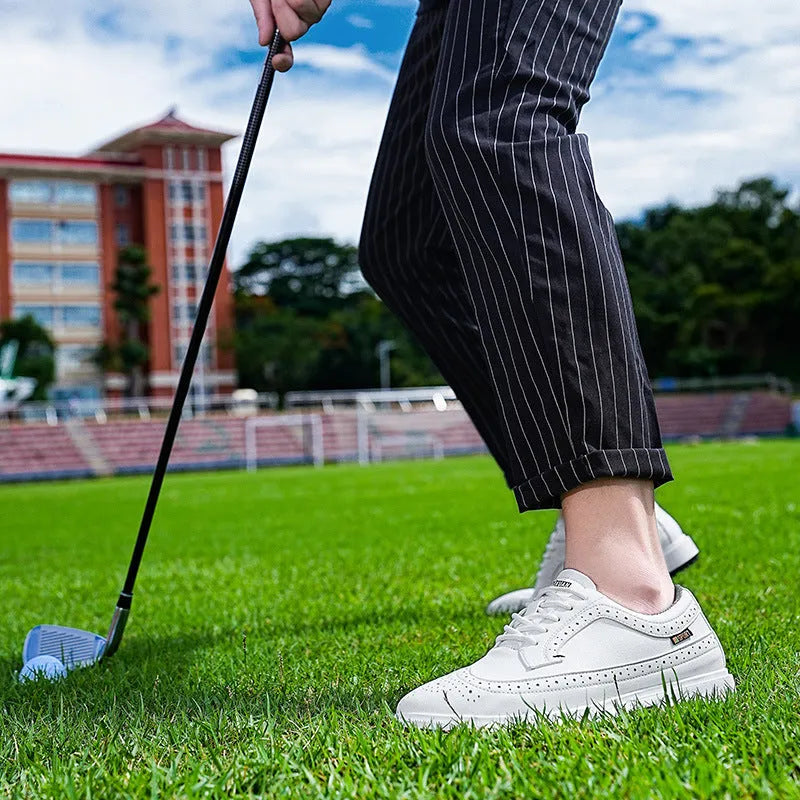 Men's genuine leather golf shoe with rubber sole in lake blue or white.