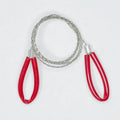 Black and red survival wire saw with leather case on a wooden background, showing its extended length.