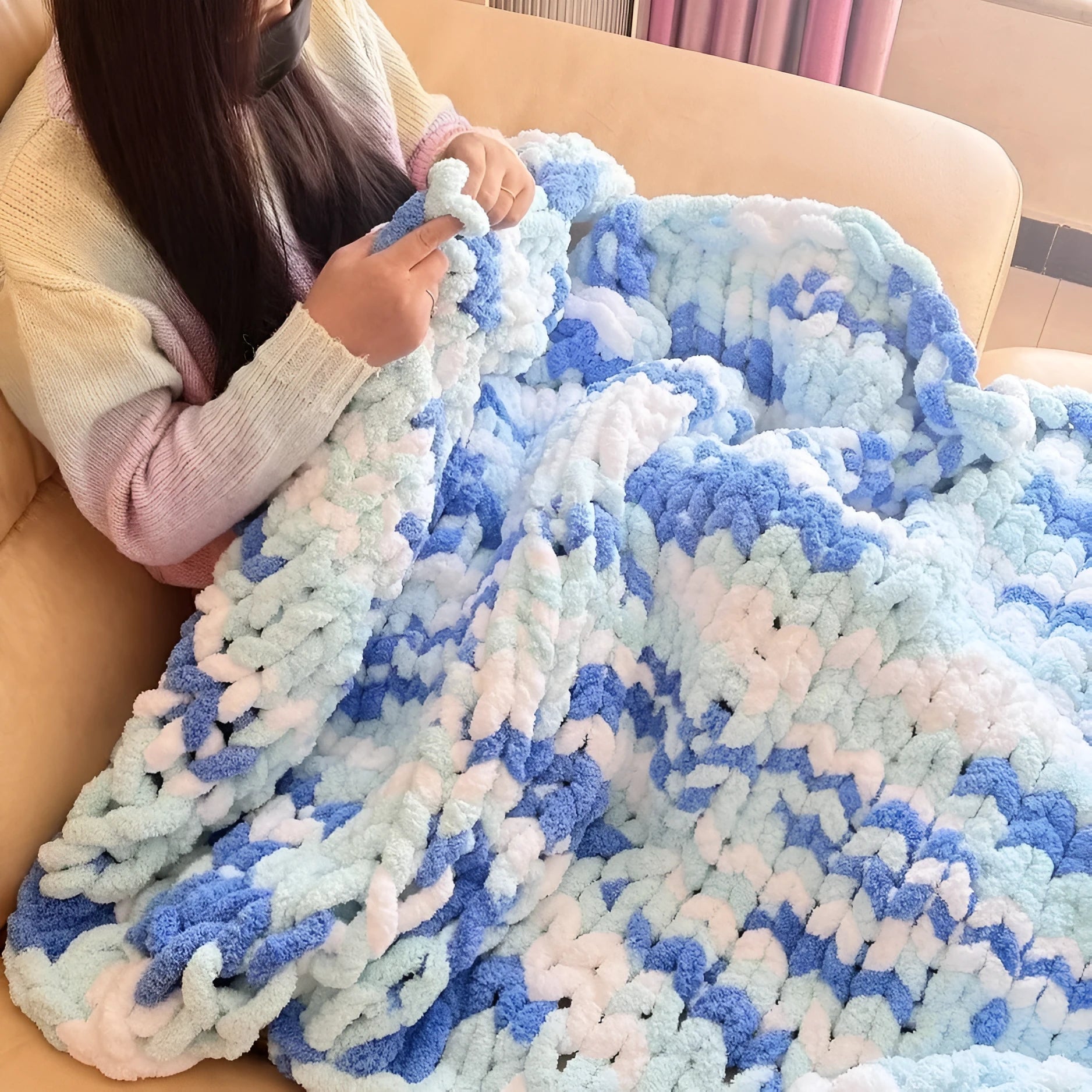 Coarse yarn chenille knitted blanket with braided gravity design in multiple colour options