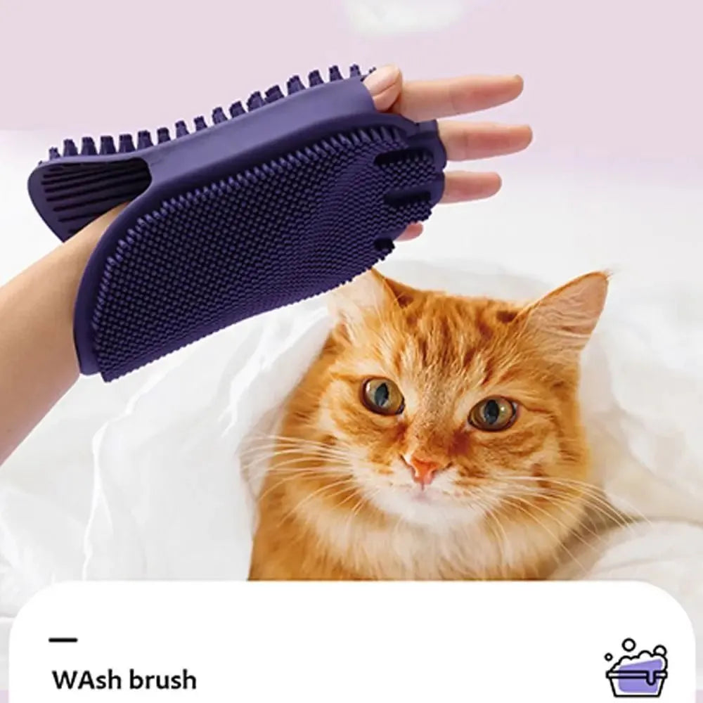 Purple dual-sided TPR pet massage and shampoo brush for dogs and cats.