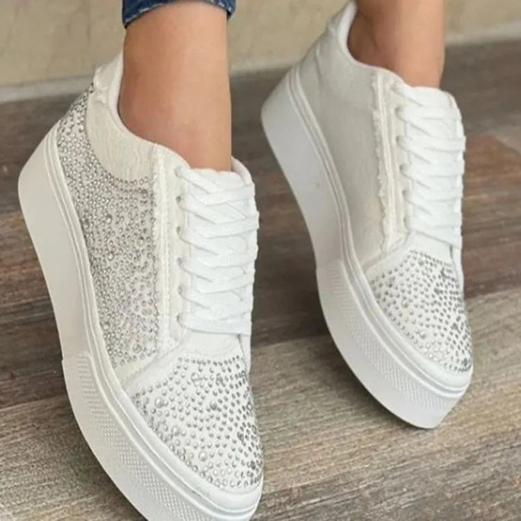 Plus size women's casual shoes with rhinestones, thick rubber soles, and front lace-up design in four colours