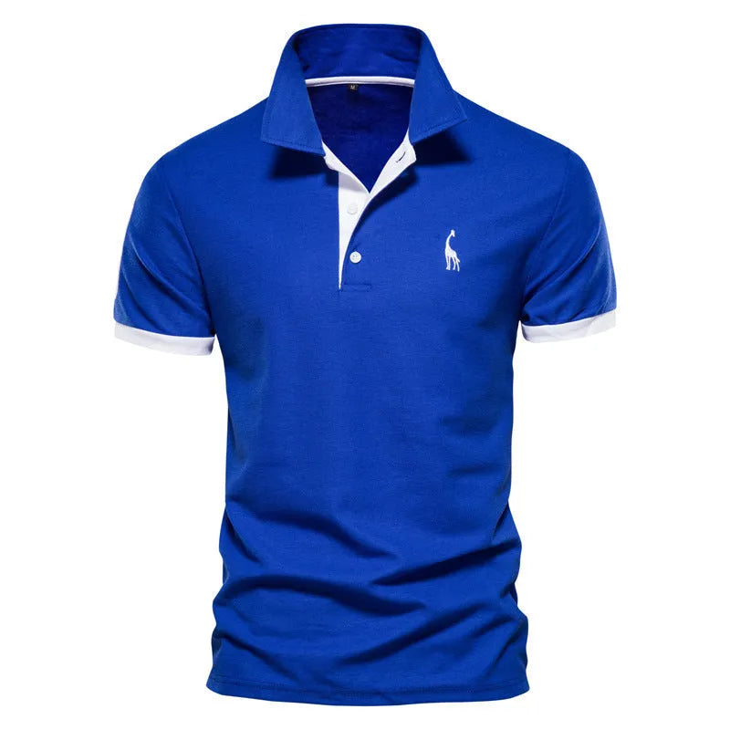 Men's slim fit deer embroidered short sleeve T-shirt on a hanger, shown in a grey colour.