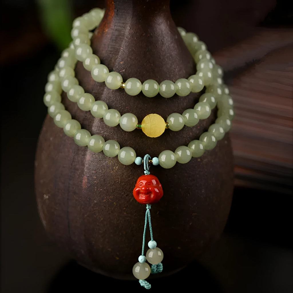 Pale blue Hetian jade bracelet with 6mm beads in three-circle traditional design