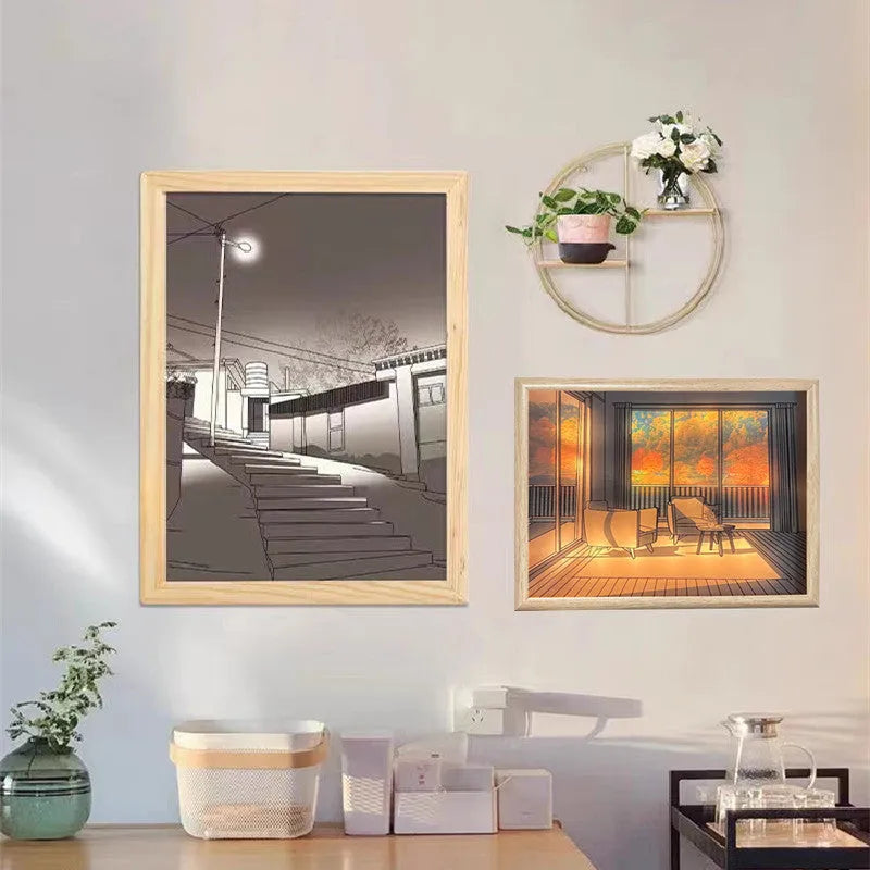 LED illuminated decorative picture on acrylic panel with scenic design and adjustable colour lighting