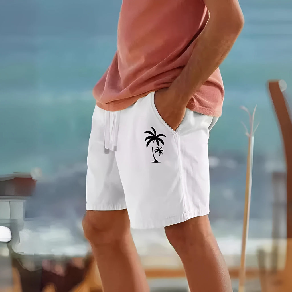 Men's cotton blend beach shorts in khaki colour with a drawstring elastic waistband