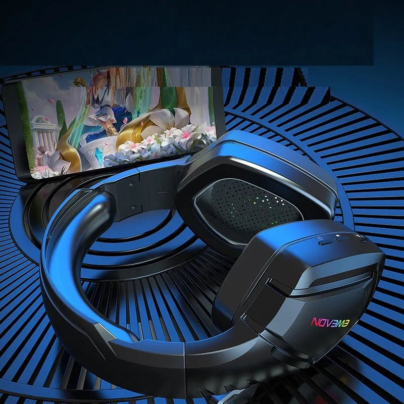 Black wireless Bluetooth headphones with RGB lighting effects and noise cancellation feature