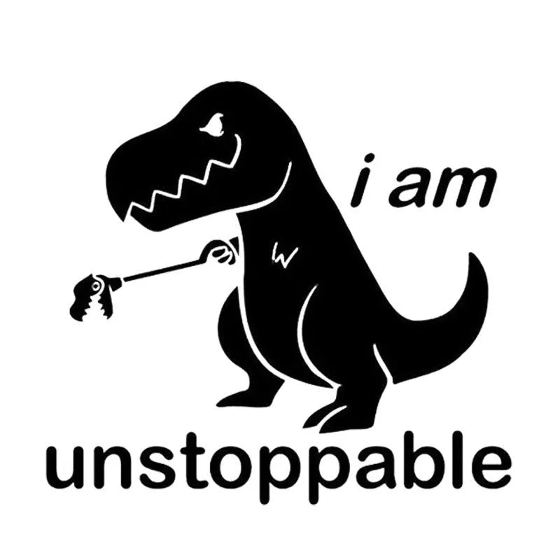 Cute cartoon dinosaur carving style car sticker in black on a white vehicle body with strong adhesion PET material 15x13.7cm