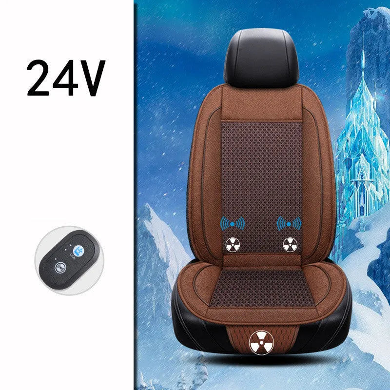 Black car ventilation seat cushion measuring 60x60cm with power cord