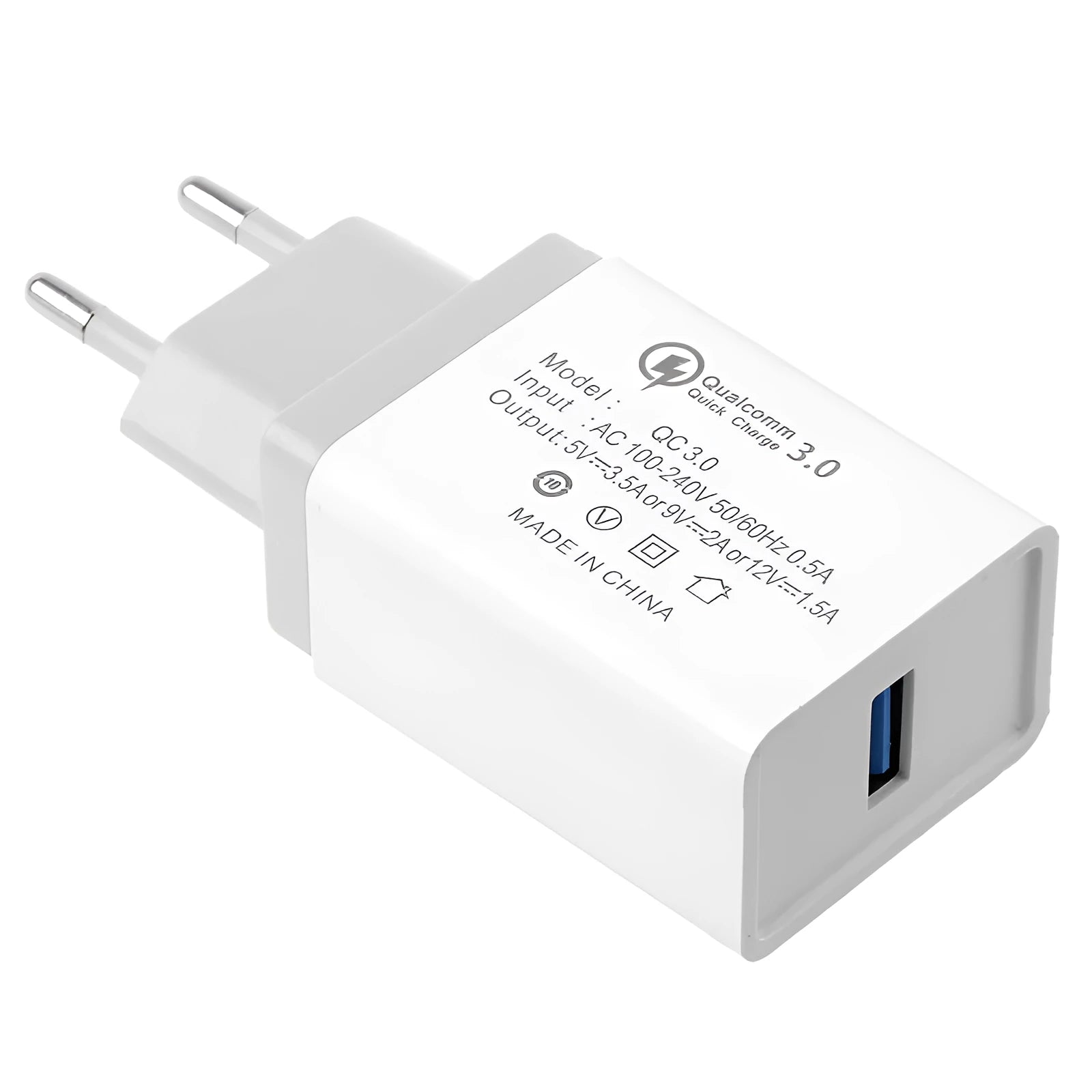 Blue Qualcomm QC3.0 fast travel charger with a single USB port and EU plug.