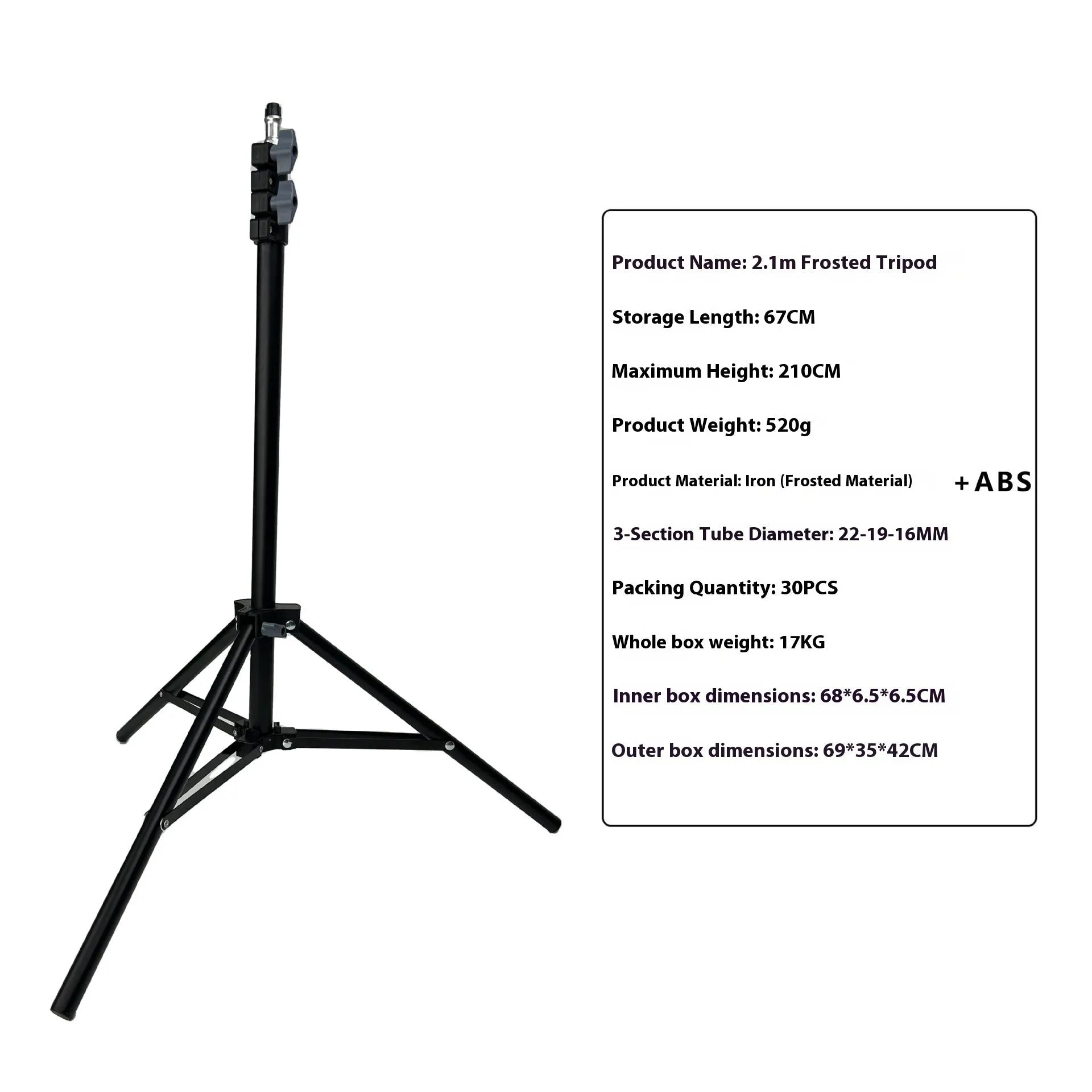 Frosted finish carbon steel tripod light stand with mobile phone holder mounted