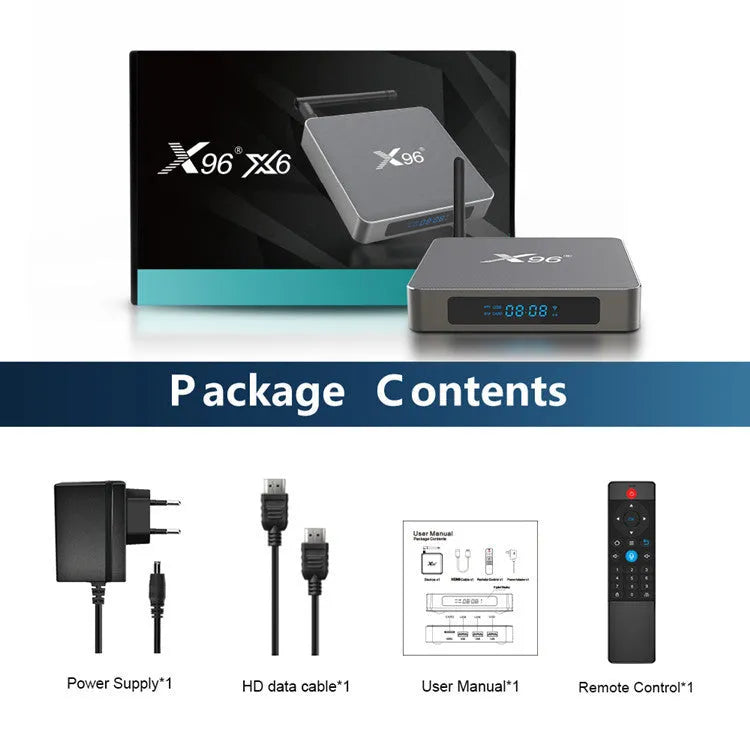 Android Smart Voice Set-top Box with remote, HDMI cable, and power adapter on a table.