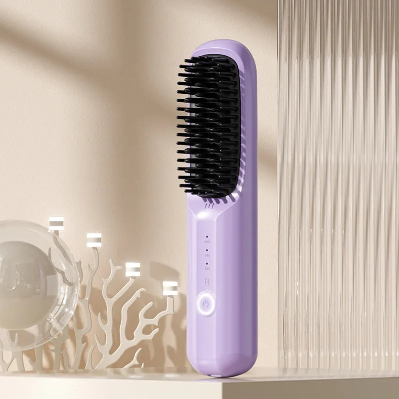 Wireless anion straightening comb in beige, pink, purple, or black colours with Type-C charging port.