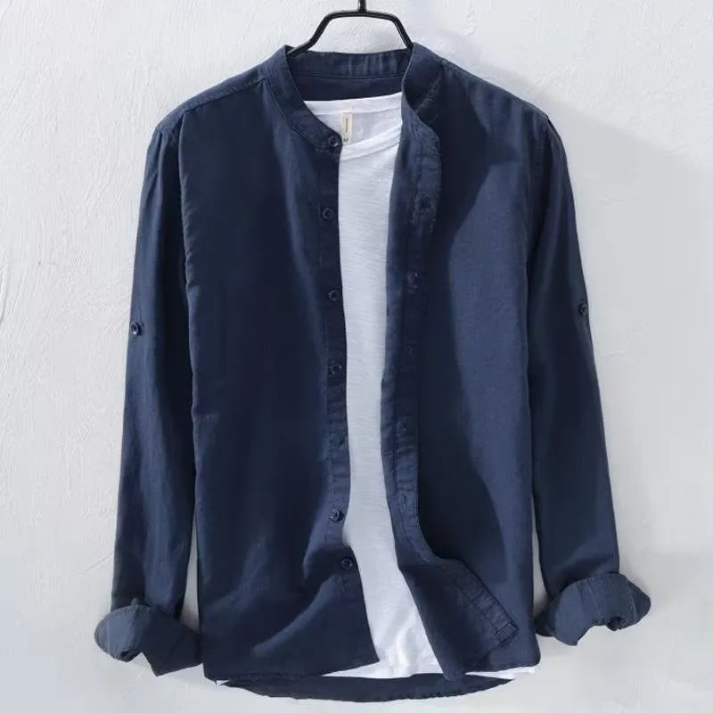 Men's loose fit long sleeve casual shirt in a cotton linen fabric, shown in a solid colour.