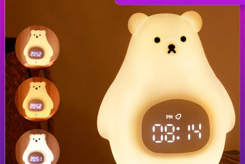 White silicone bear-shaped night light with button controls on a table.