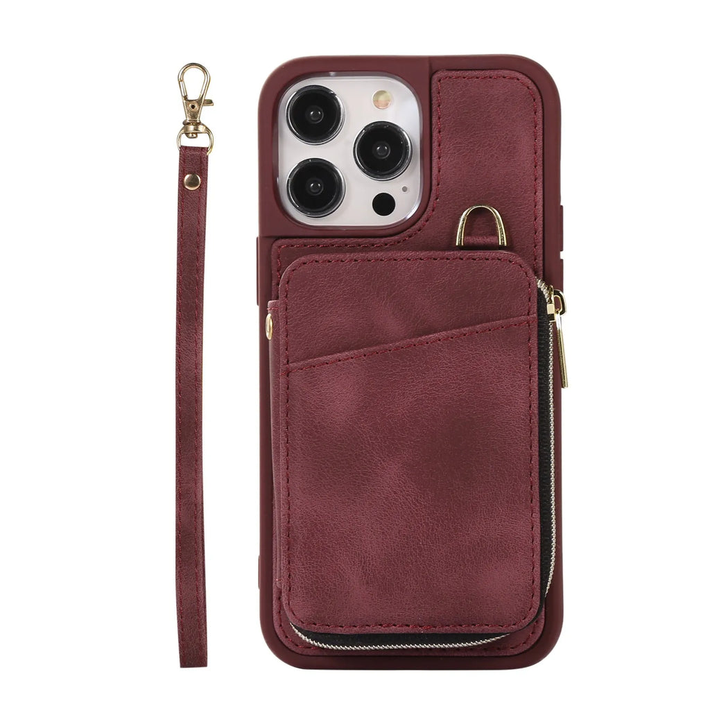 Creative leather wallet phone case with card holder and lanyard in brown for iPhone