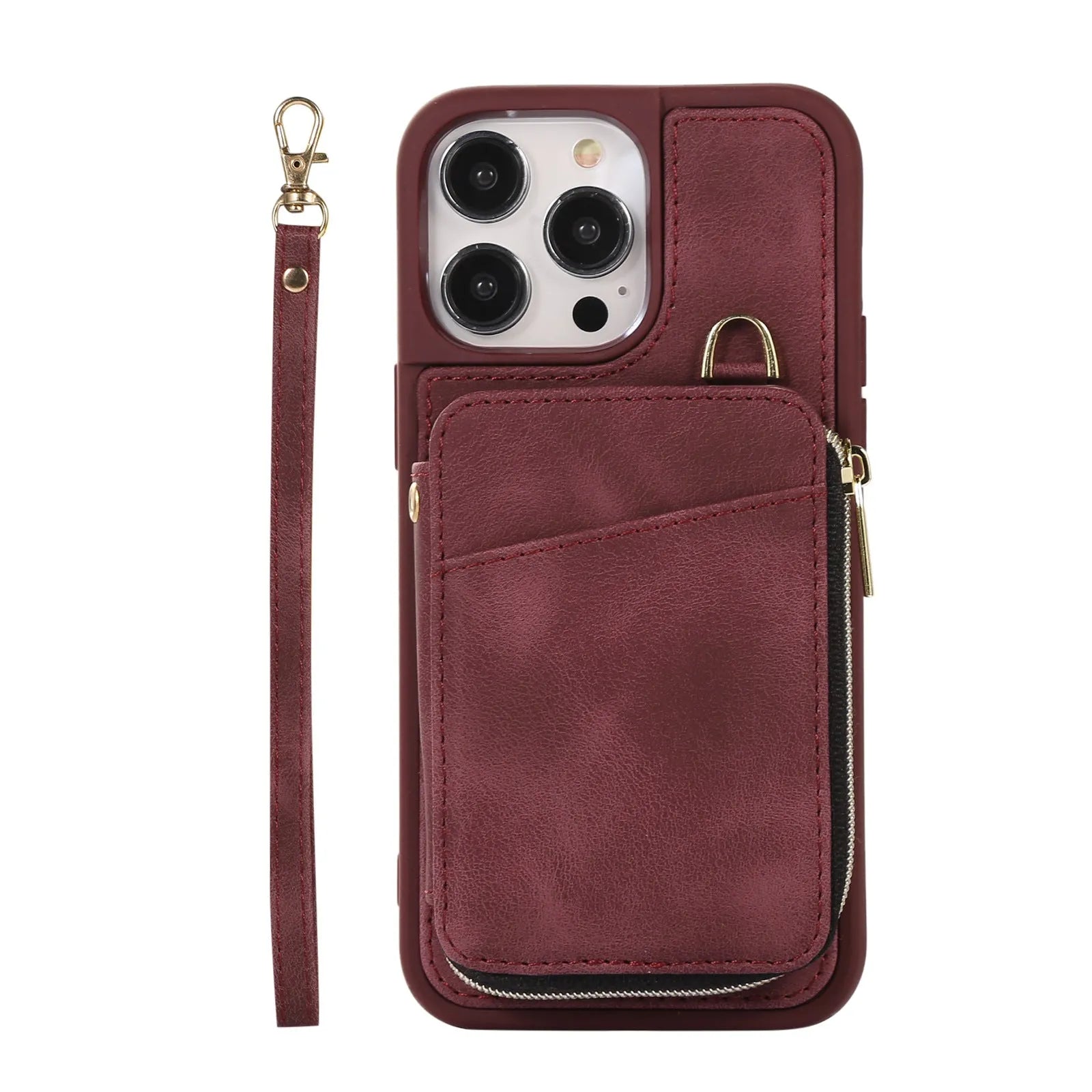 Creative leather wallet phone case with card holder and lanyard in brown for iPhone