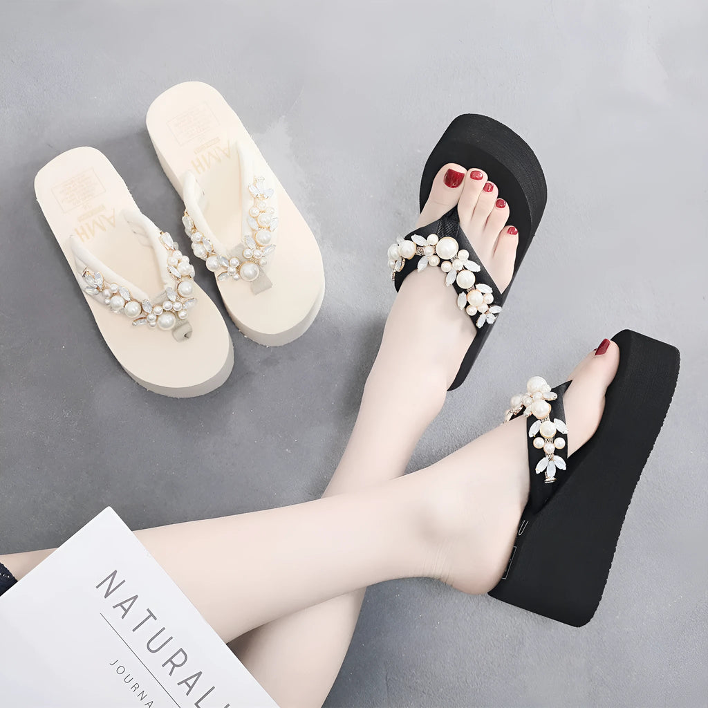 Women's high-heeled flip-flops sandals in beige with cotton cloth upper and adjustable strap.